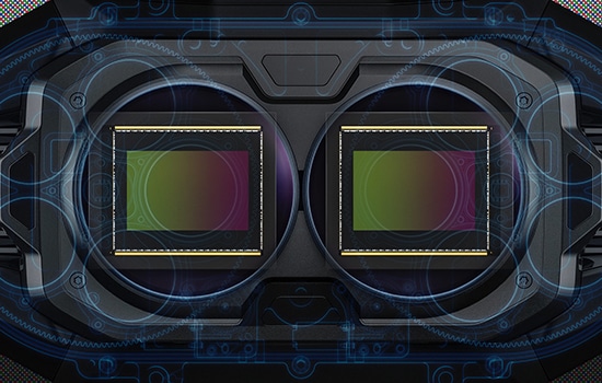 Image of the dual sensors of the Blackmagic URSA Cine Immersive 100G 180º immersive cinematography camera